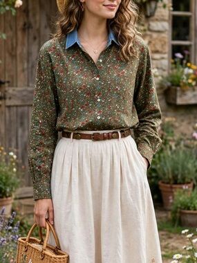 Vintage Chic Olive Green Floral Button-Down with Denim Collar Size L